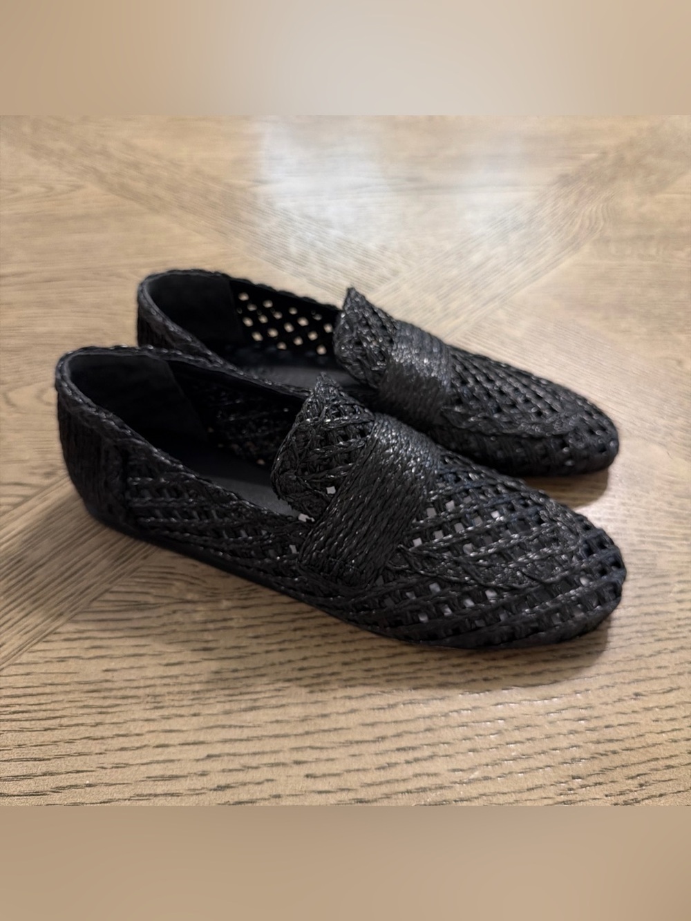 Vince Women's Davis Raffia Woven Black Loafer Flats Shoes